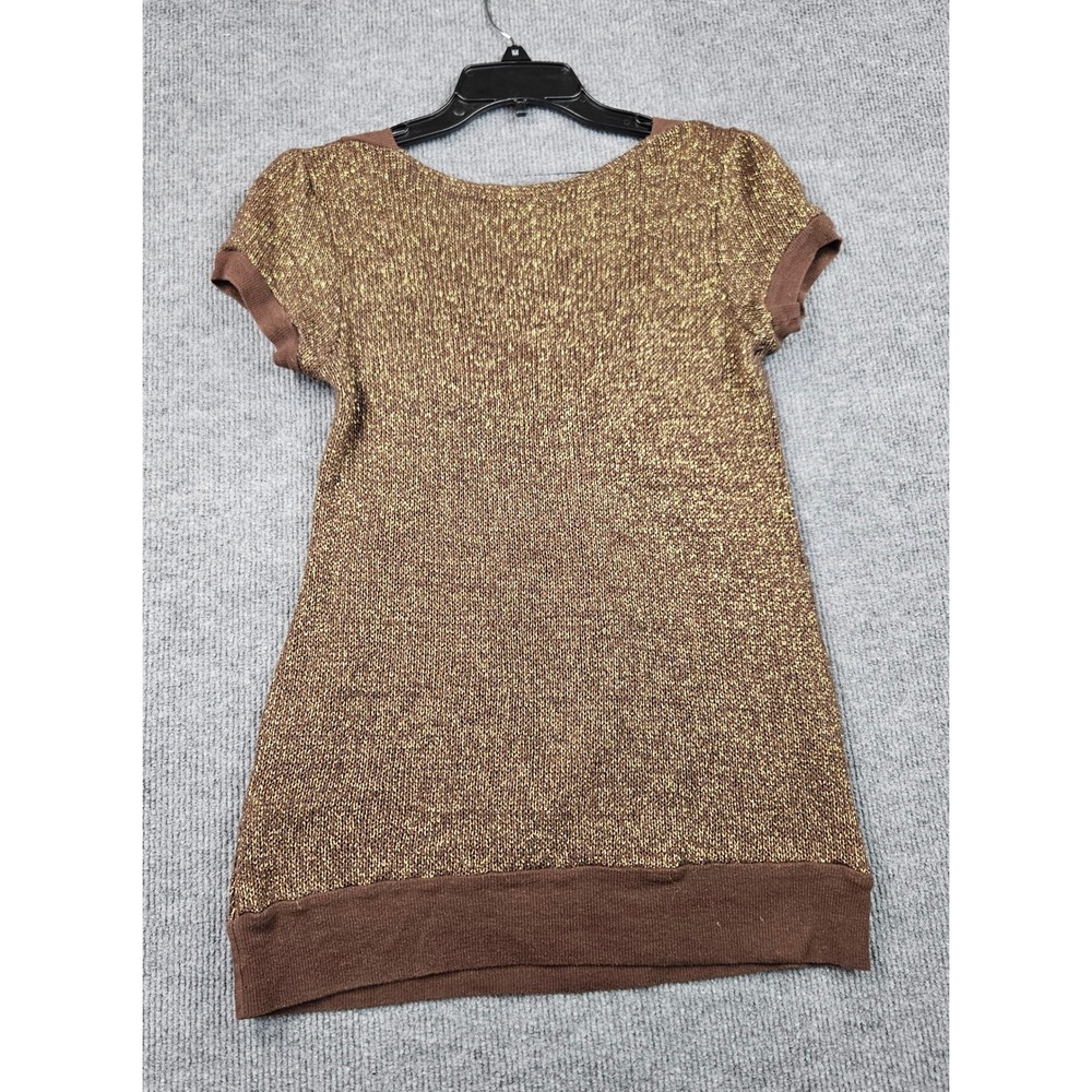Charlotte Russe Brown Gold Metallic Knit V-Neck Short Sleeve Sweater Top Y2k - Picture 2 of 3